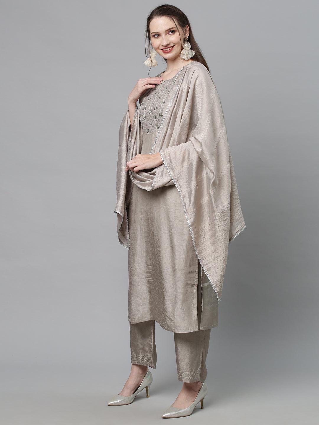 Ethnic Hand Embroidered Kurta with Pants & Dupatta - Light Taupe - Indiakreations