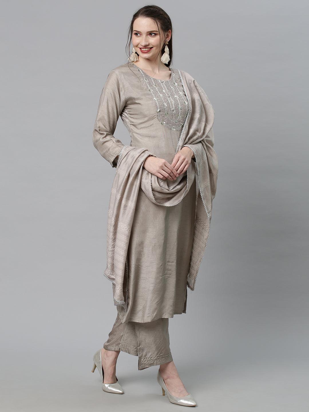 Ethnic Hand Embroidered Kurta with Pants & Dupatta - Light Taupe - Indiakreations