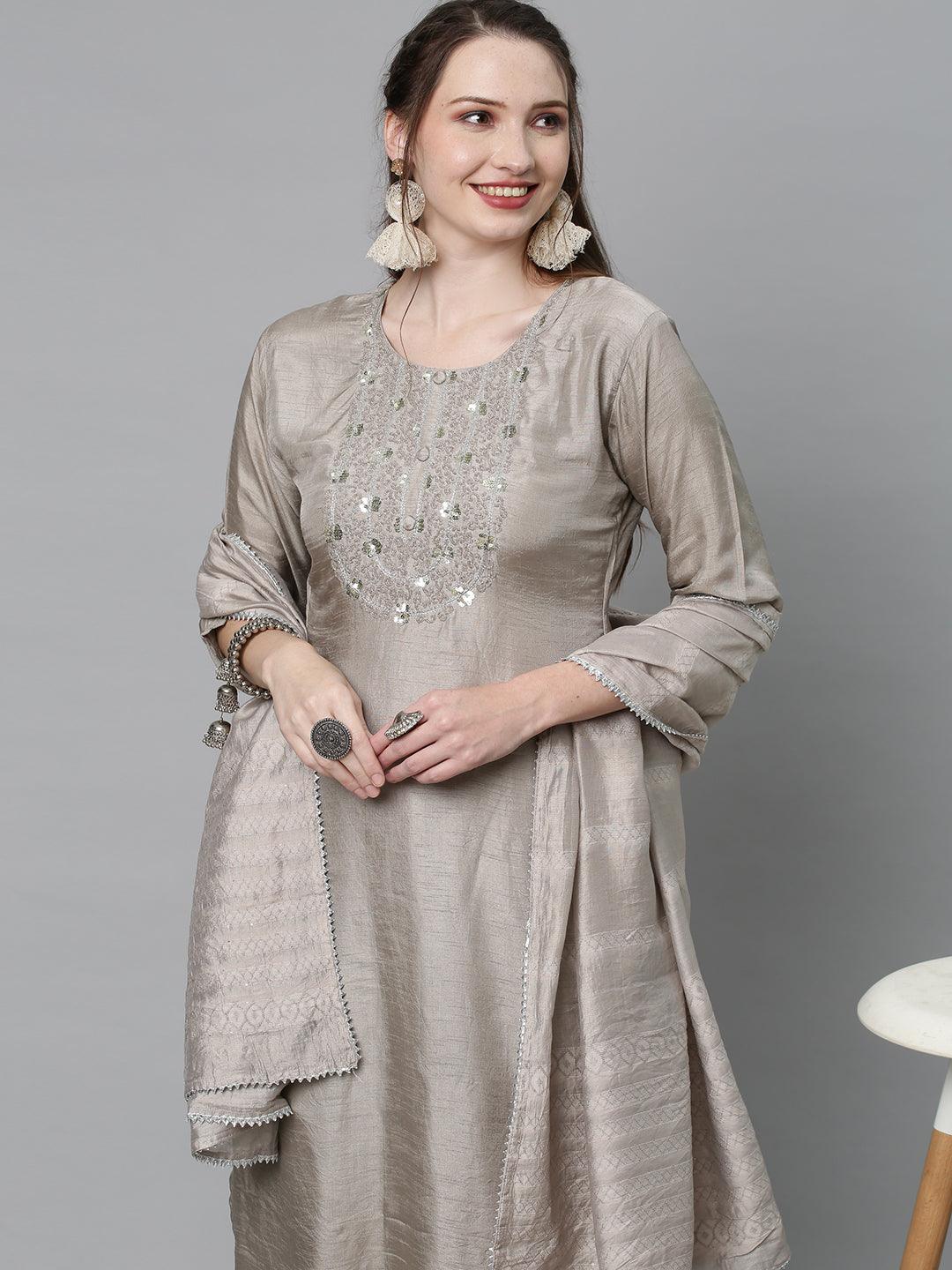 Ethnic Hand Embroidered Kurta with Pants & Dupatta - Light Taupe - Indiakreations