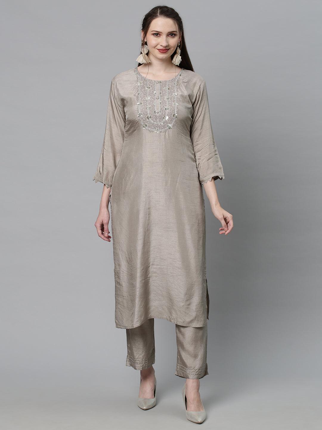 Ethnic Hand Embroidered Kurta with Pants & Dupatta - Light Taupe - Indiakreations