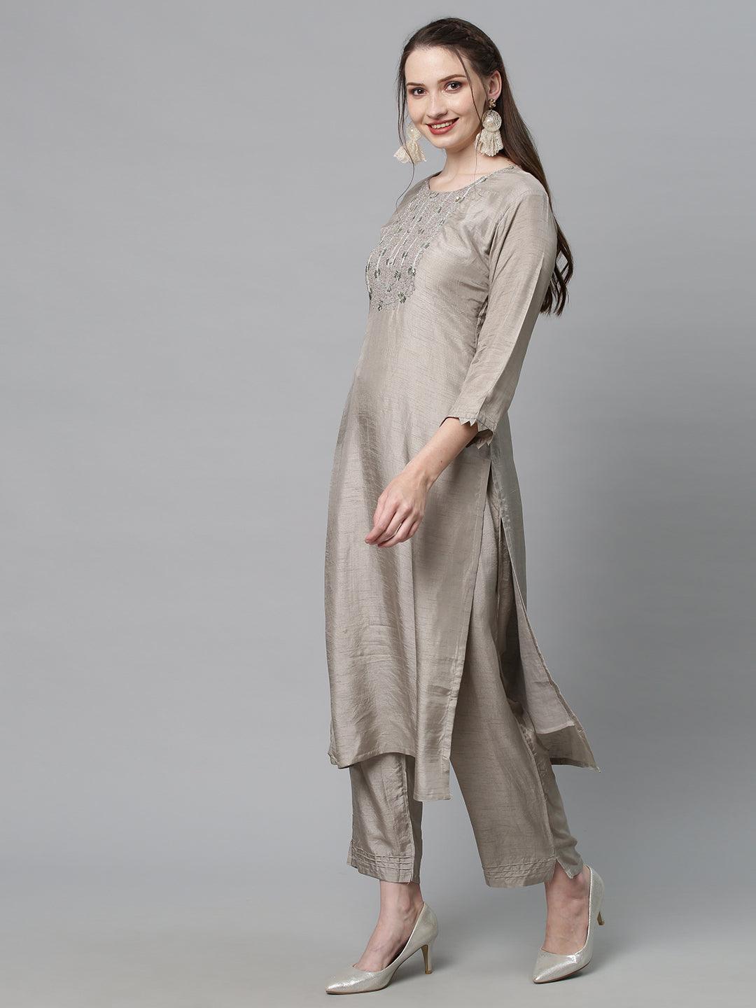 Ethnic Hand Embroidered Kurta with Pants & Dupatta - Light Taupe - Indiakreations