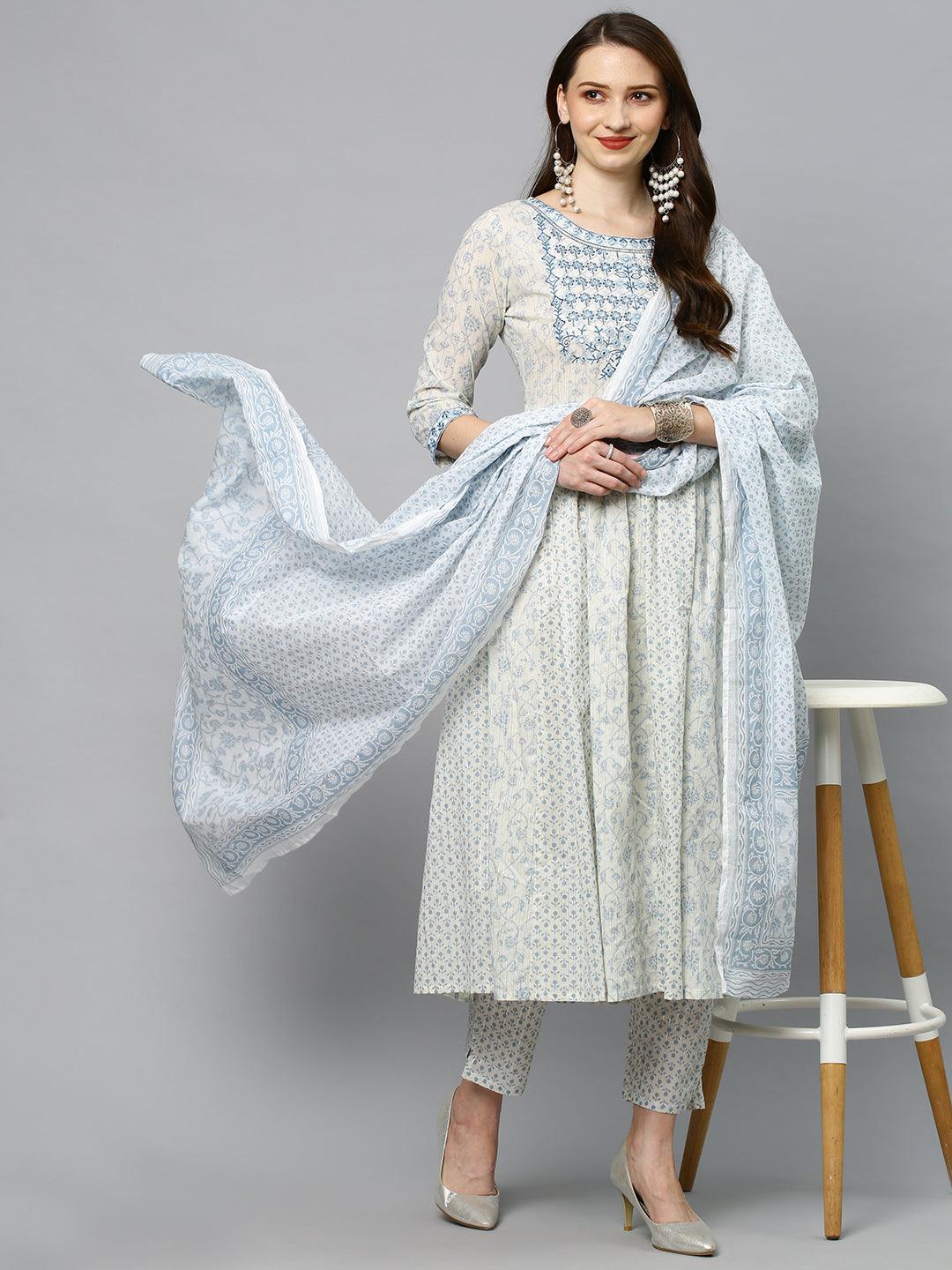 Floral Printed & Embroidered Anarkali Kurta with Pants & Dupatta - Off White - Indiakreations