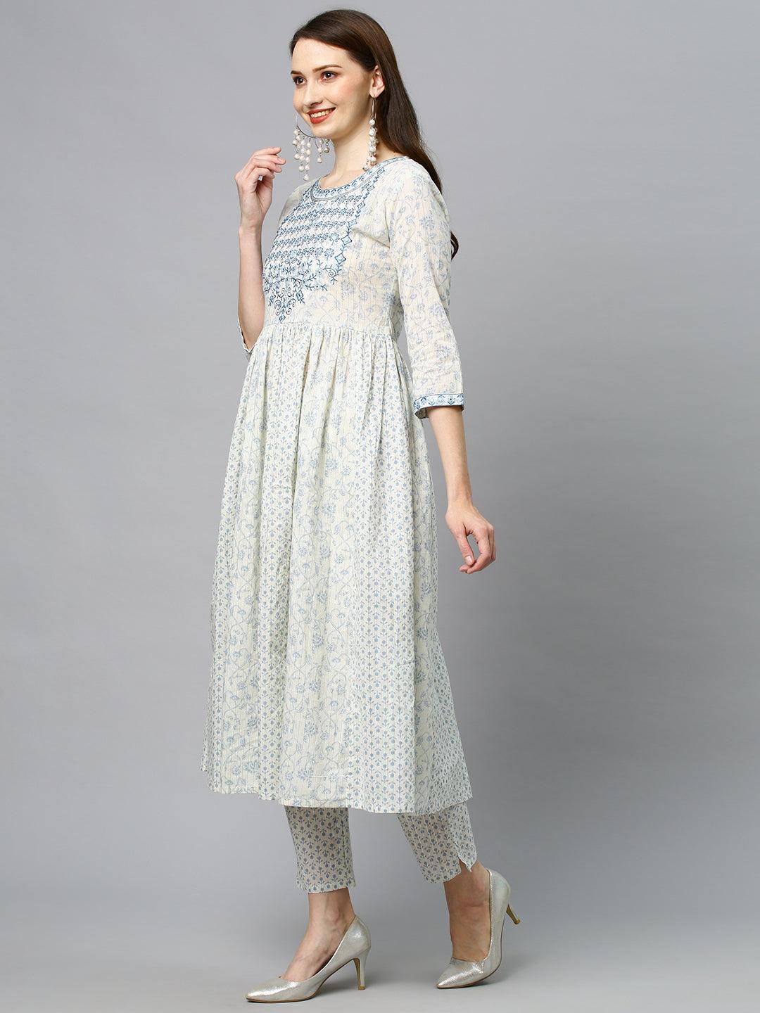 Floral Printed & Embroidered Anarkali Kurta with Pants & Dupatta - Off White - Indiakreations