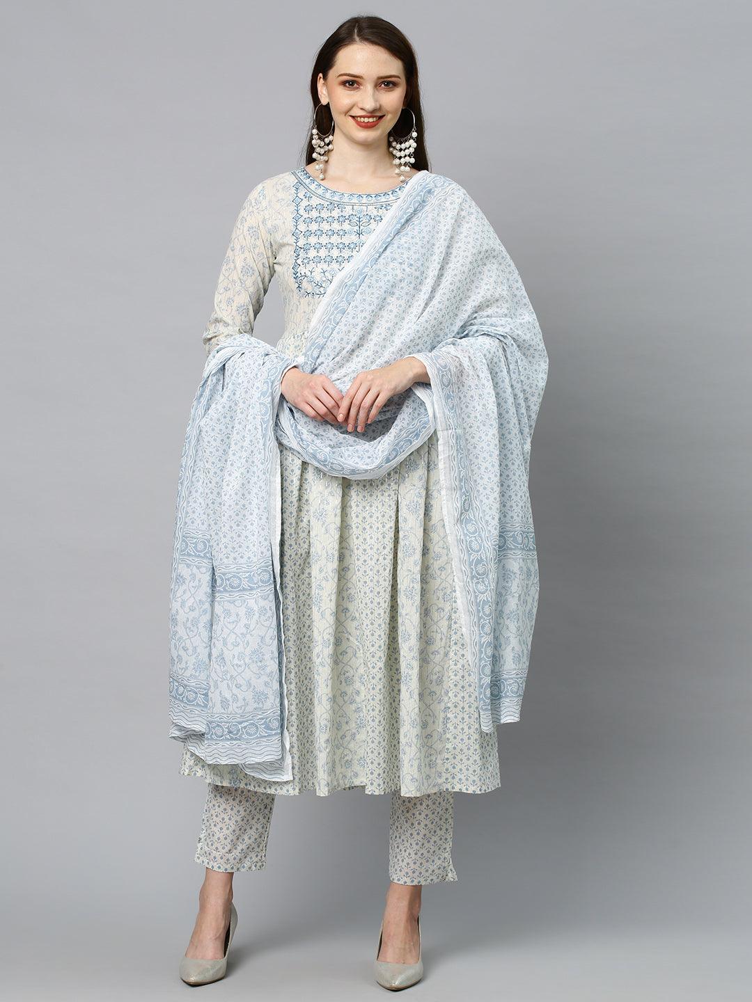 Floral Printed & Embroidered Anarkali Kurta with Pants & Dupatta - Off White - Indiakreations