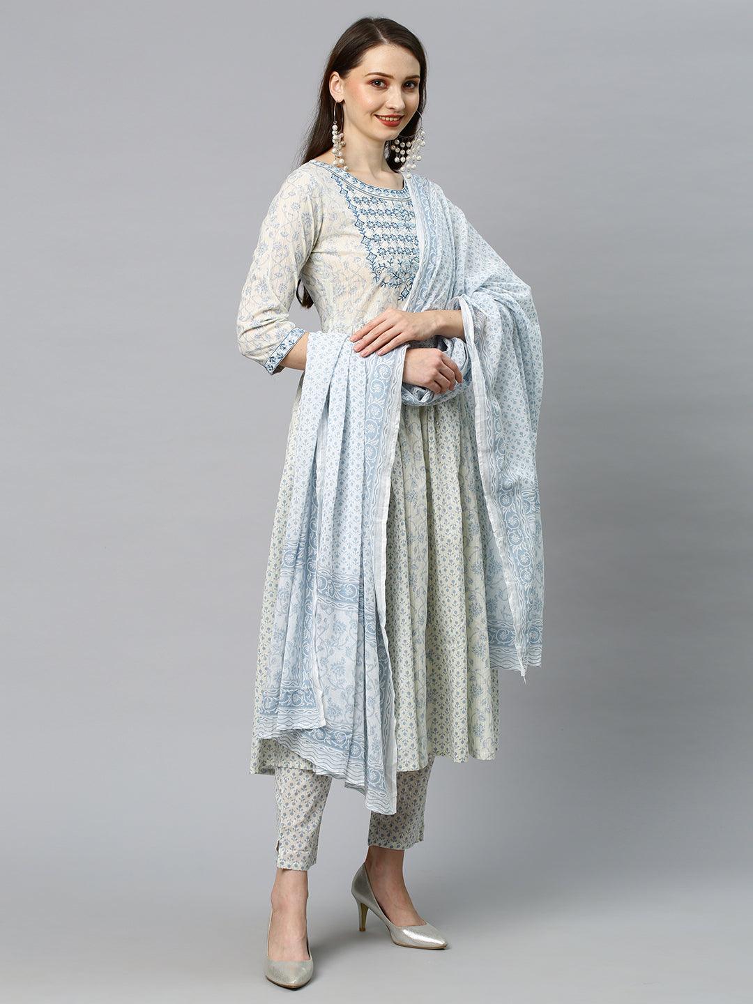 Floral Printed & Embroidered Anarkali Kurta with Pants & Dupatta - Off White - Indiakreations