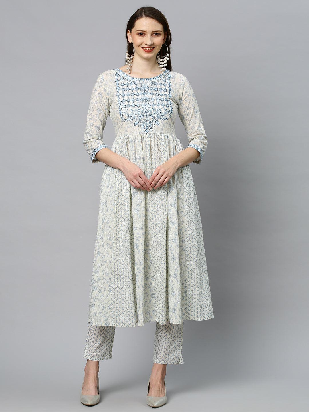 Floral Printed & Embroidered Anarkali Kurta with Pants & Dupatta - Off White - Indiakreations