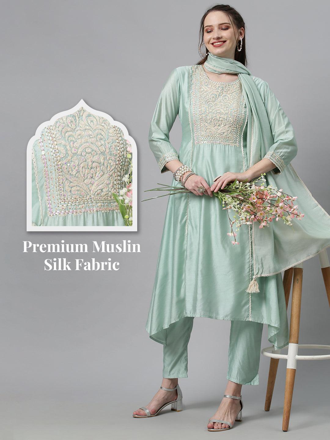 Ethnic Embroidered A-Line Kurta with Pants & Dupatta - Mint Green - Indiakreations