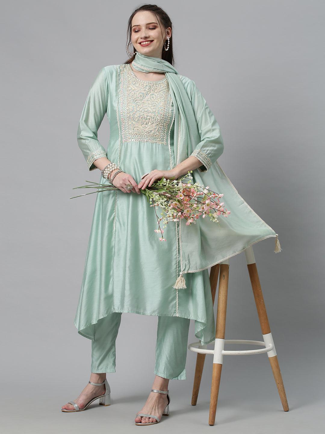 Ethnic Embroidered A-Line Kurta with Pants & Dupatta - Mint Green - Indiakreations