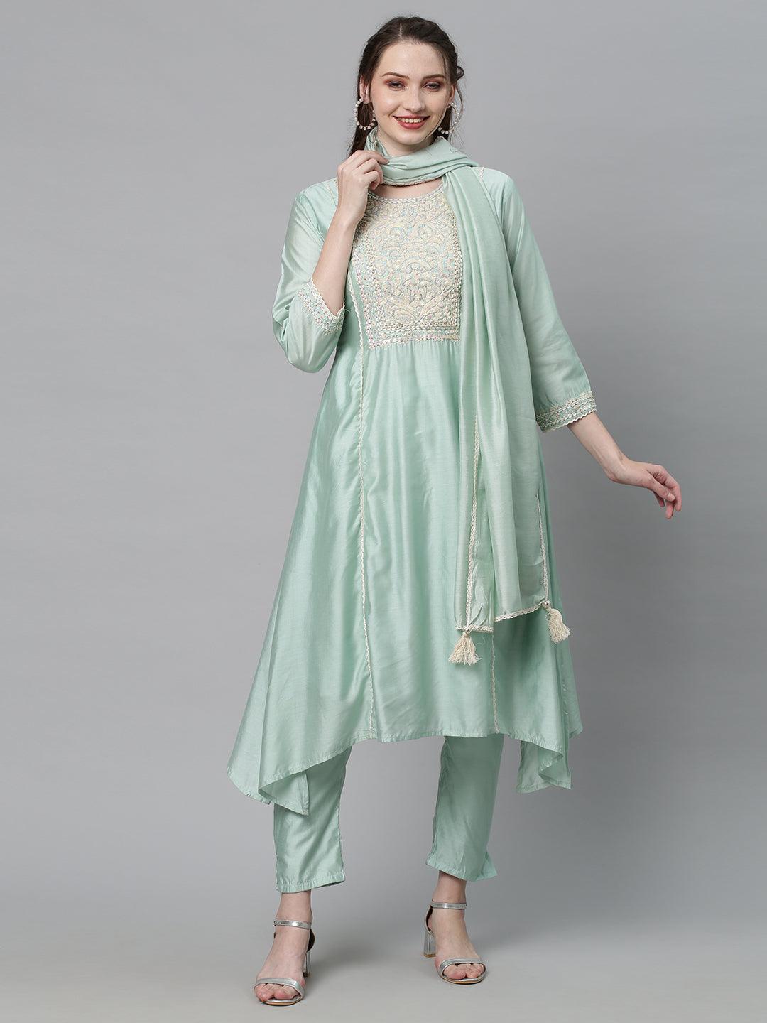 Ethnic Embroidered A-Line Kurta with Pants & Dupatta - Mint Green - Indiakreations