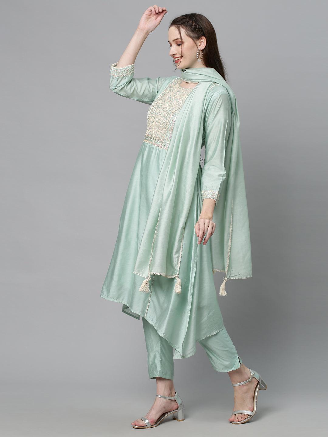 Ethnic Embroidered A-Line Kurta with Pants & Dupatta - Mint Green - Indiakreations