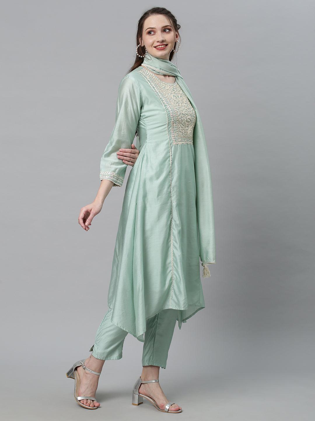 Ethnic Embroidered A-Line Kurta with Pants & Dupatta - Mint Green - Indiakreations