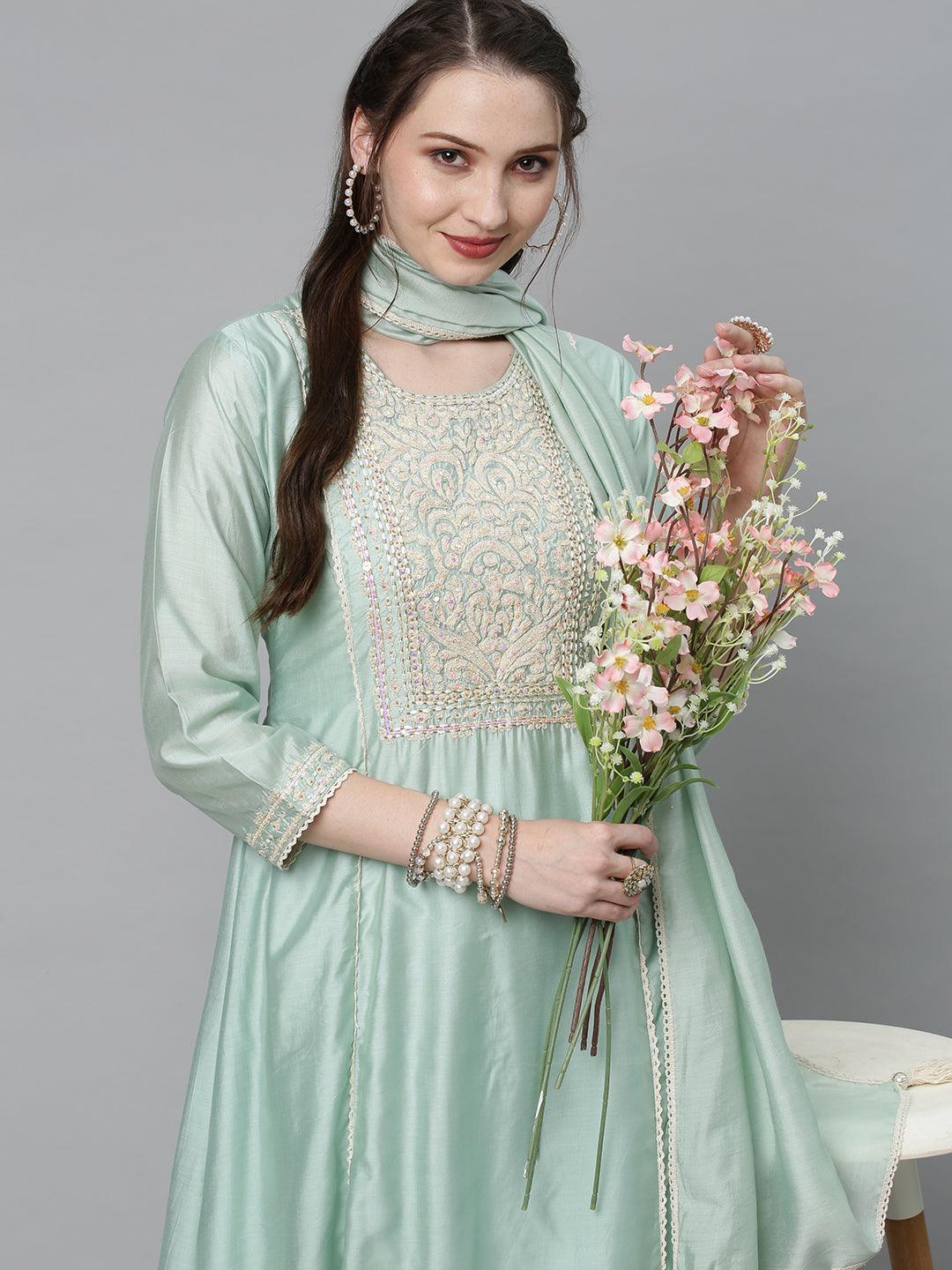 Ethnic Embroidered A-Line Kurta with Pants & Dupatta - Mint Green - Indiakreations