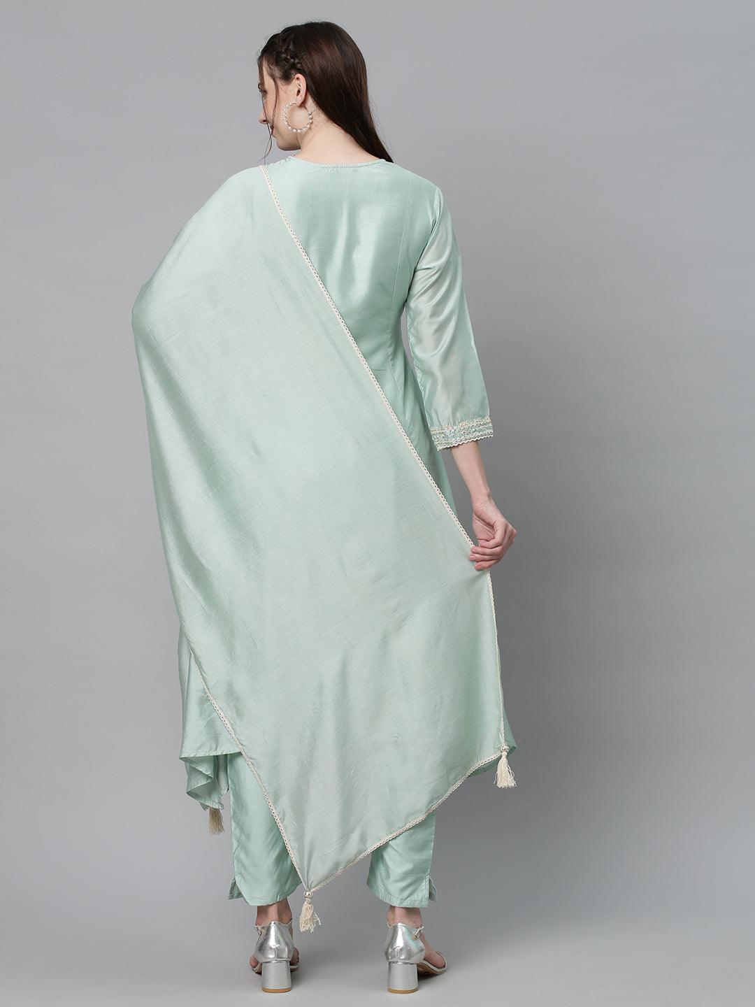 Ethnic Embroidered A-Line Kurta with Pants & Dupatta - Mint Green - Indiakreations