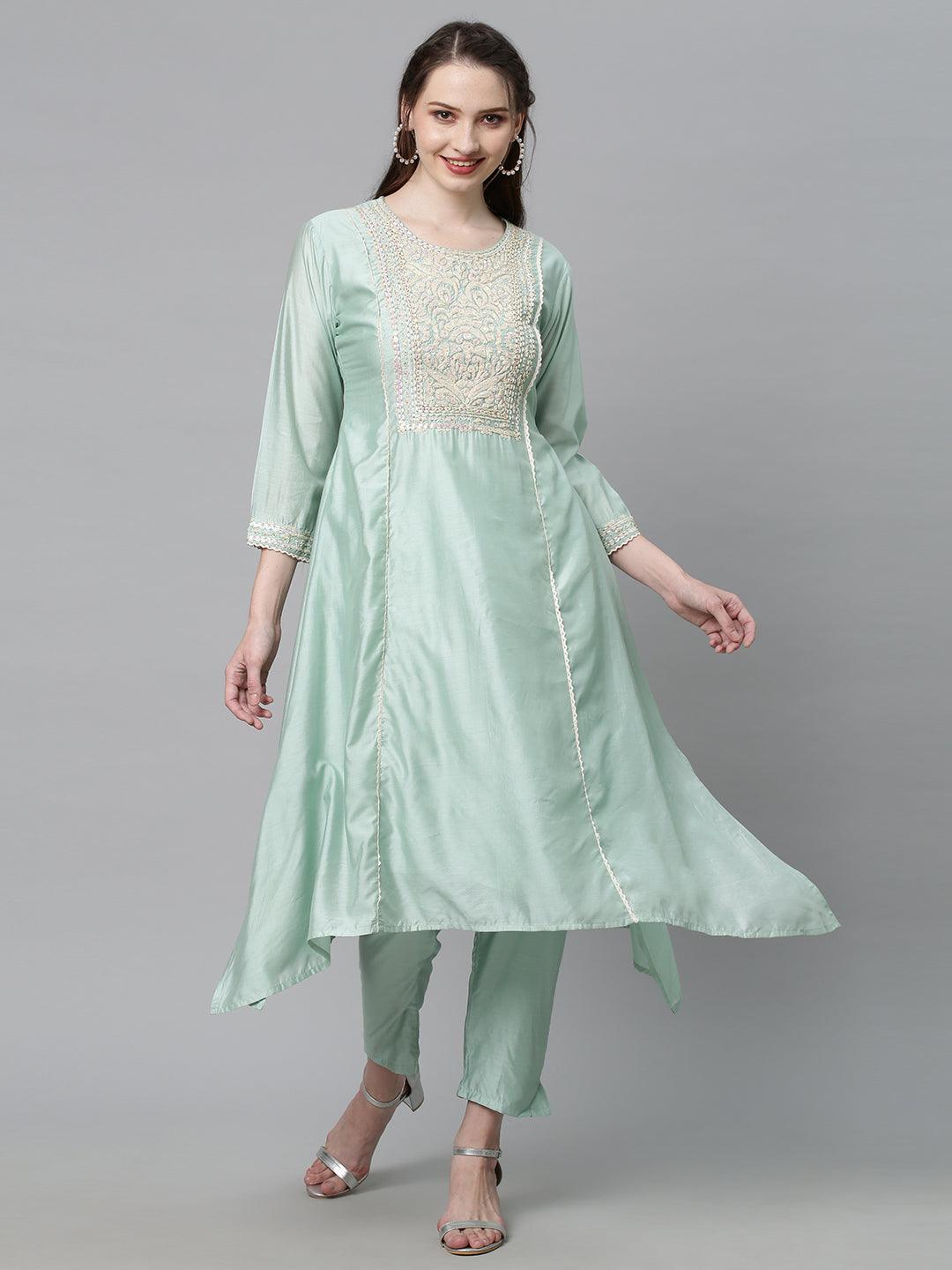 Ethnic Embroidered A-Line Kurta with Pants & Dupatta - Mint Green - Indiakreations