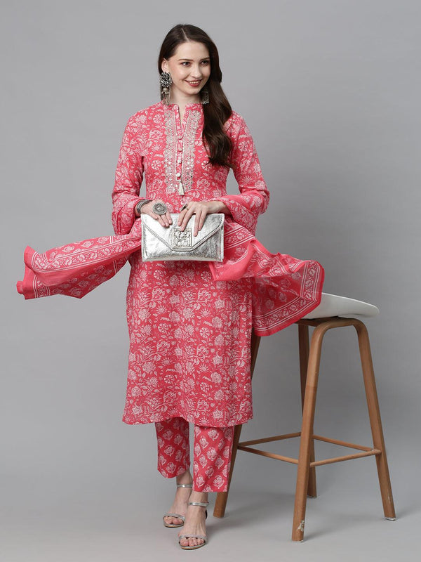 Floral Printed & Embroidered Straight Kurta with Pants & Dupatta - Pink - Indiakreations