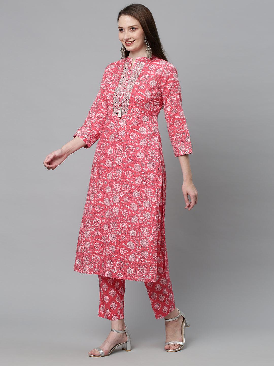 Floral Printed & Embroidered Straight Kurta with Pants & Dupatta - Pink - Indiakreations