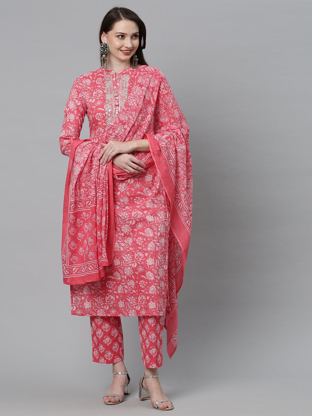 Floral Printed & Embroidered Straight Kurta with Pants & Dupatta - Pink - Indiakreations