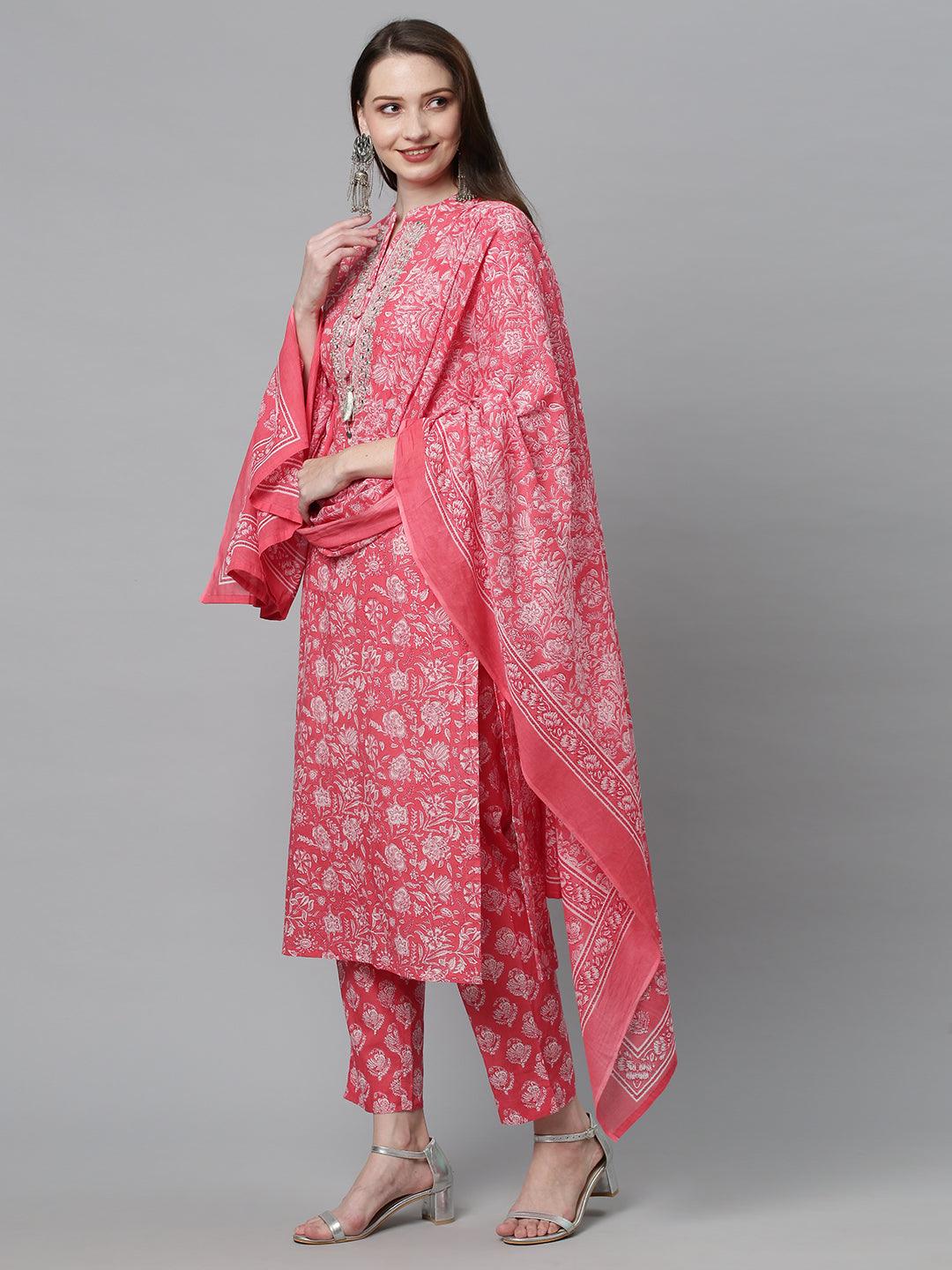 Floral Printed & Embroidered Straight Kurta with Pants & Dupatta - Pink - Indiakreations