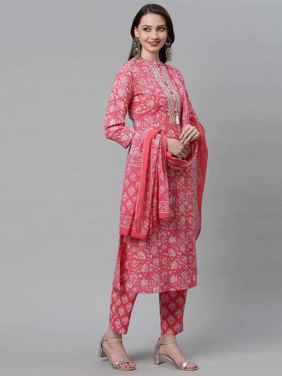 Floral Printed & Embroidered Straight Kurta with Pants & Dupatta - Pink - Indiakreations