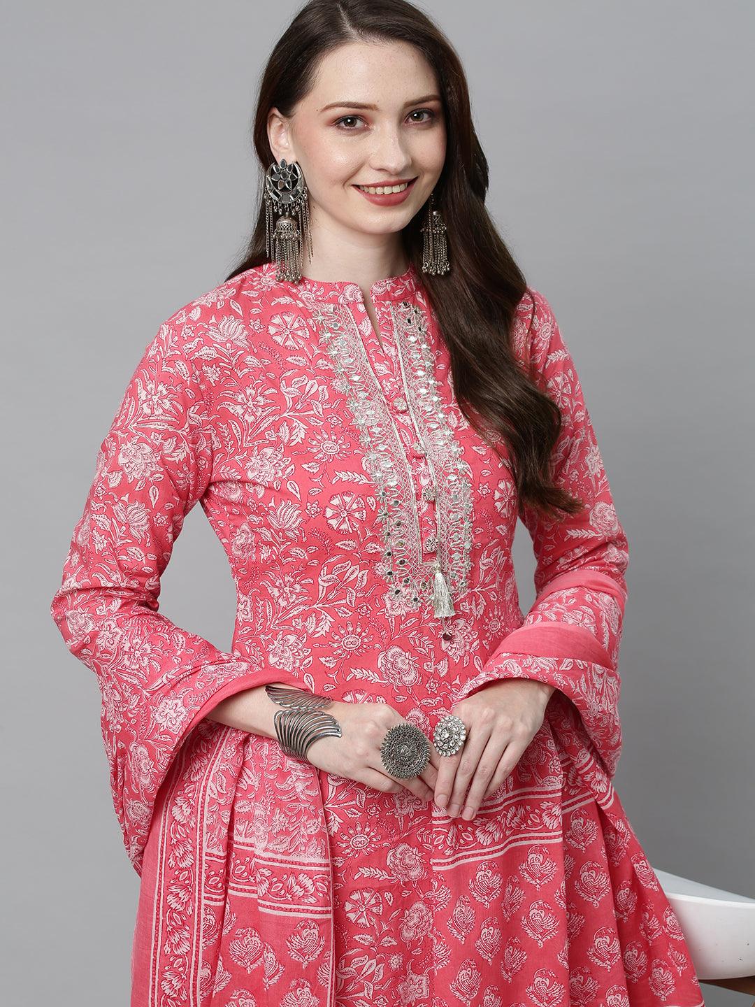 Floral Printed & Embroidered Straight Kurta with Pants & Dupatta - Pink - Indiakreations