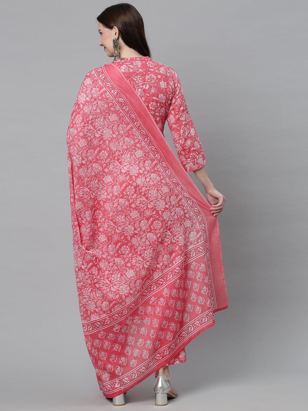 Floral Printed & Embroidered Straight Kurta with Pants & Dupatta - Pink - Indiakreations