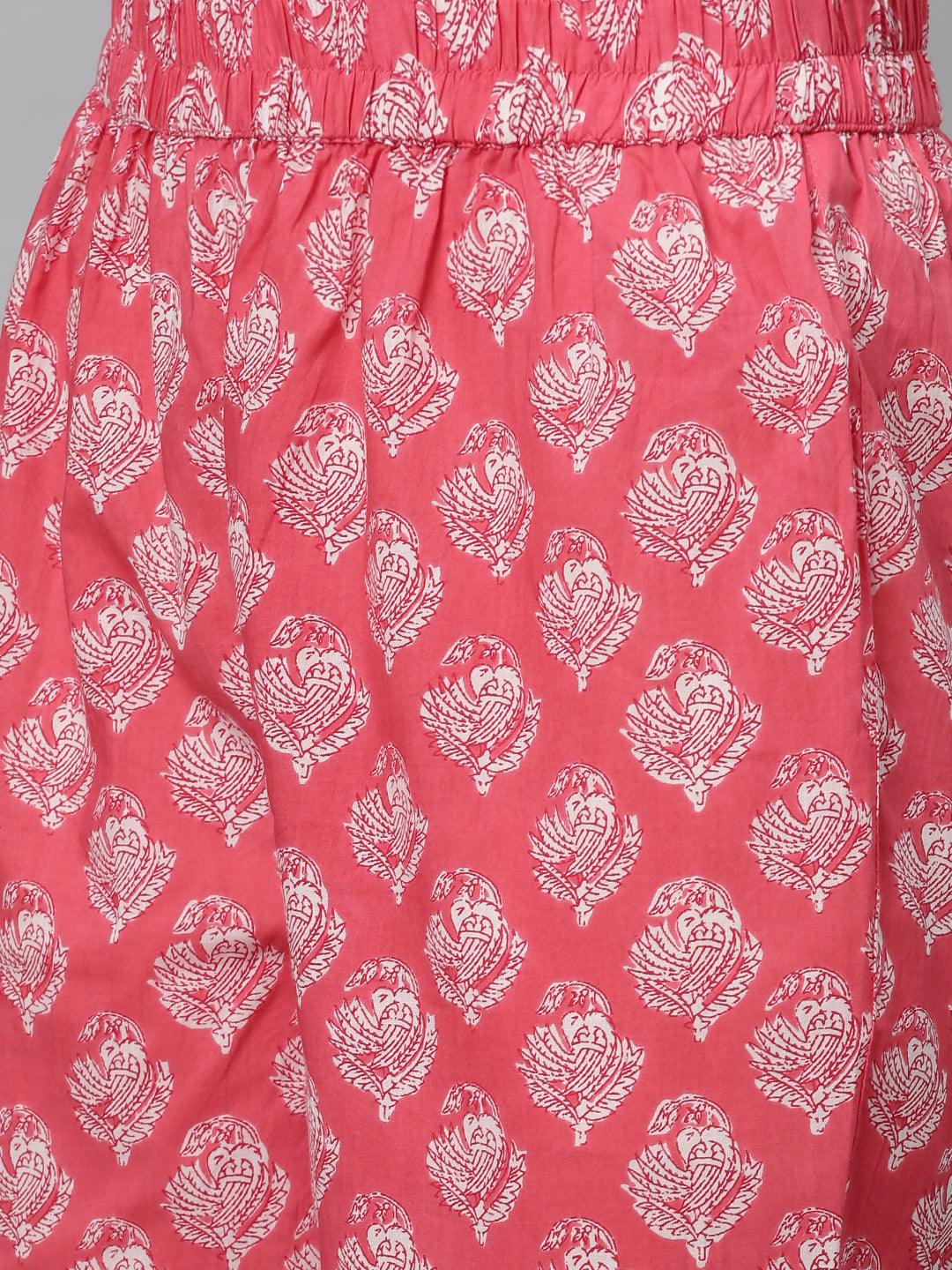 Floral Printed & Embroidered Straight Kurta with Pants & Dupatta - Pink - Indiakreations