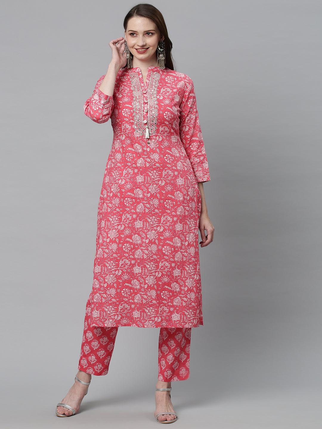 Floral Printed & Embroidered Straight Kurta with Pants & Dupatta - Pink - Indiakreations