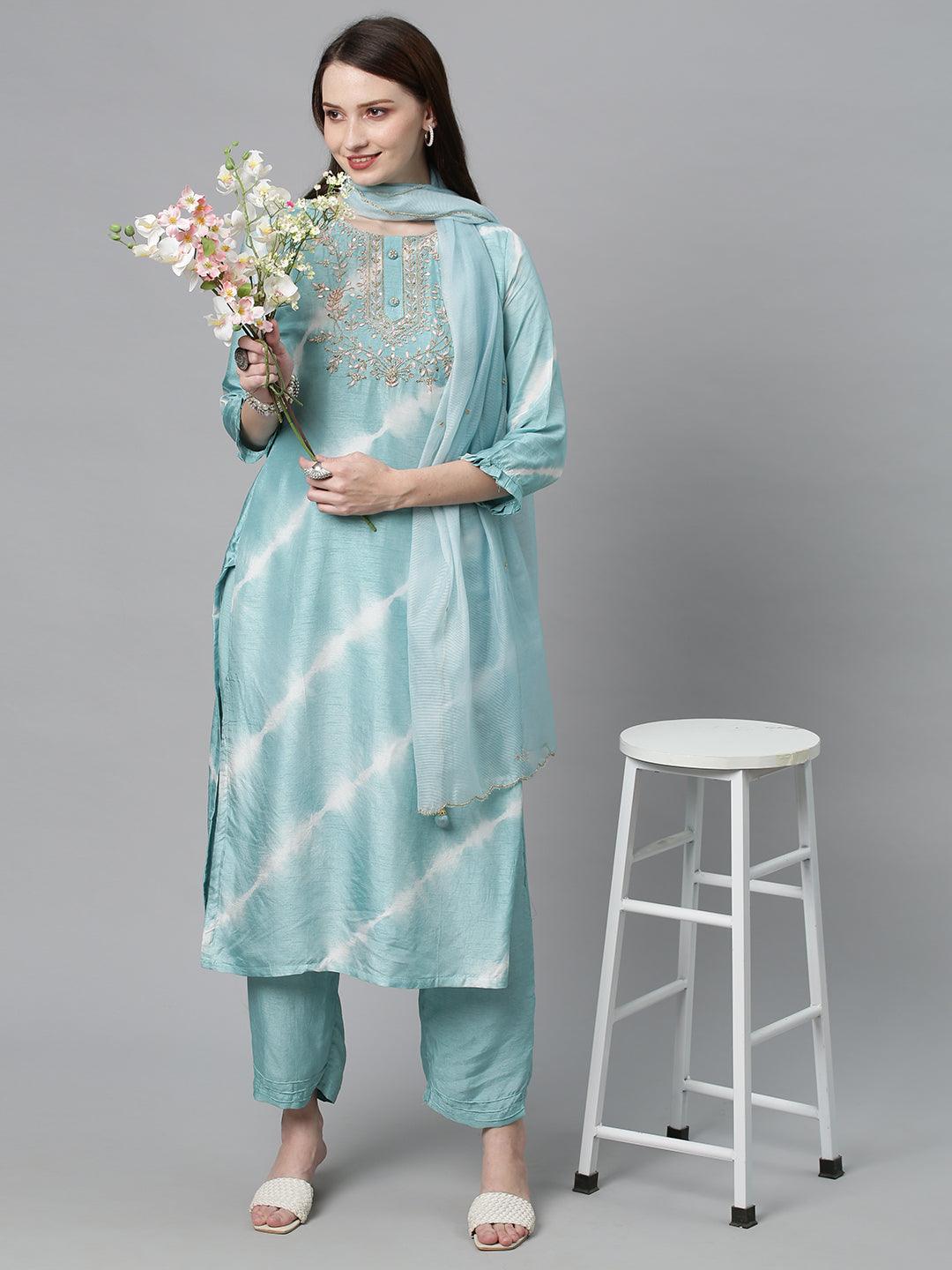 Tie-Dyed & Hand Embroidered Kurta with Pants & Dupatta - Powder Blue - Indiakreations