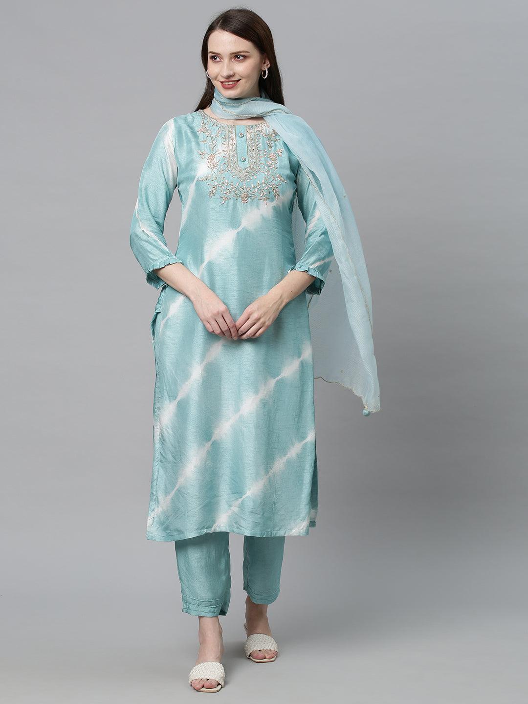 Tie-Dyed & Hand Embroidered Kurta with Pants & Dupatta - Powder Blue - Indiakreations