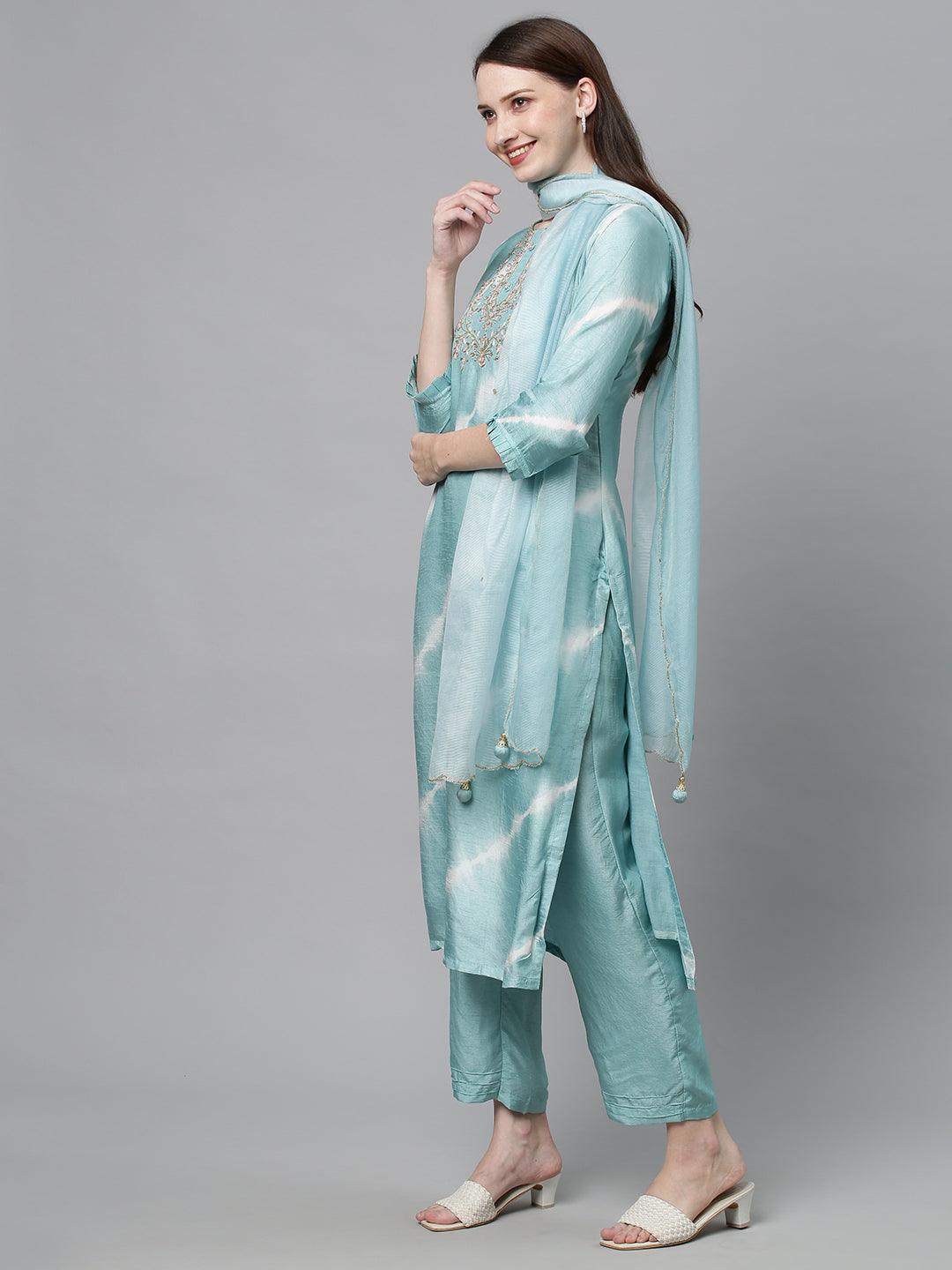 Tie-Dyed & Hand Embroidered Kurta with Pants & Dupatta - Powder Blue - Indiakreations