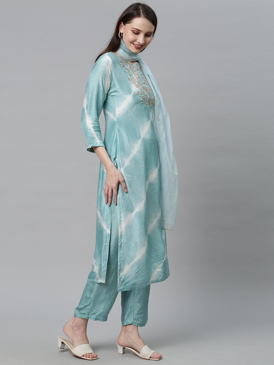 Tie-Dyed & Hand Embroidered Kurta with Pants & Dupatta - Powder Blue - Indiakreations