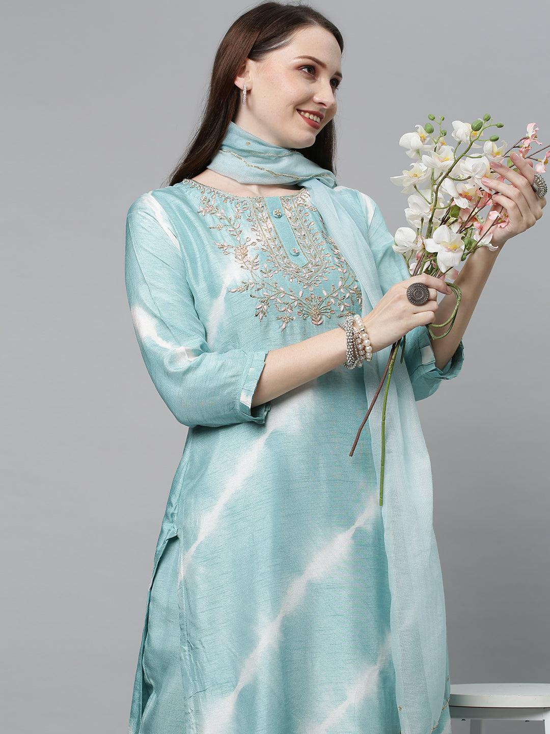 Tie-Dyed & Hand Embroidered Kurta with Pants & Dupatta - Powder Blue - Indiakreations