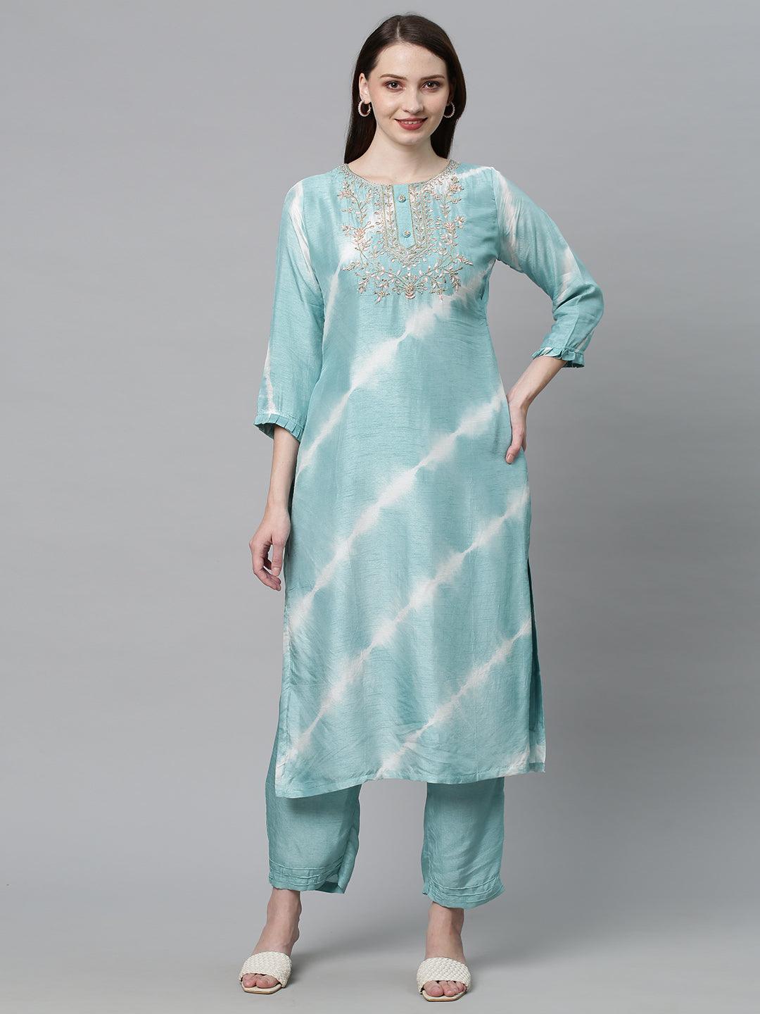 Tie-Dyed & Hand Embroidered Kurta with Pants & Dupatta - Powder Blue - Indiakreations