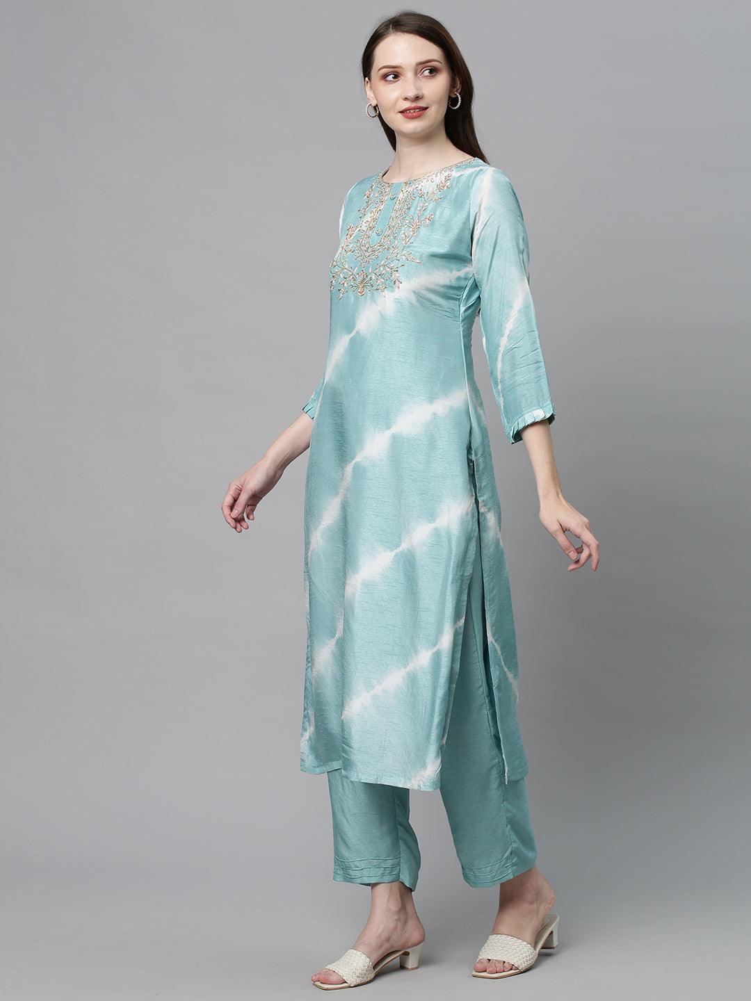 Tie-Dyed & Hand Embroidered Kurta with Pants & Dupatta - Powder Blue - Indiakreations