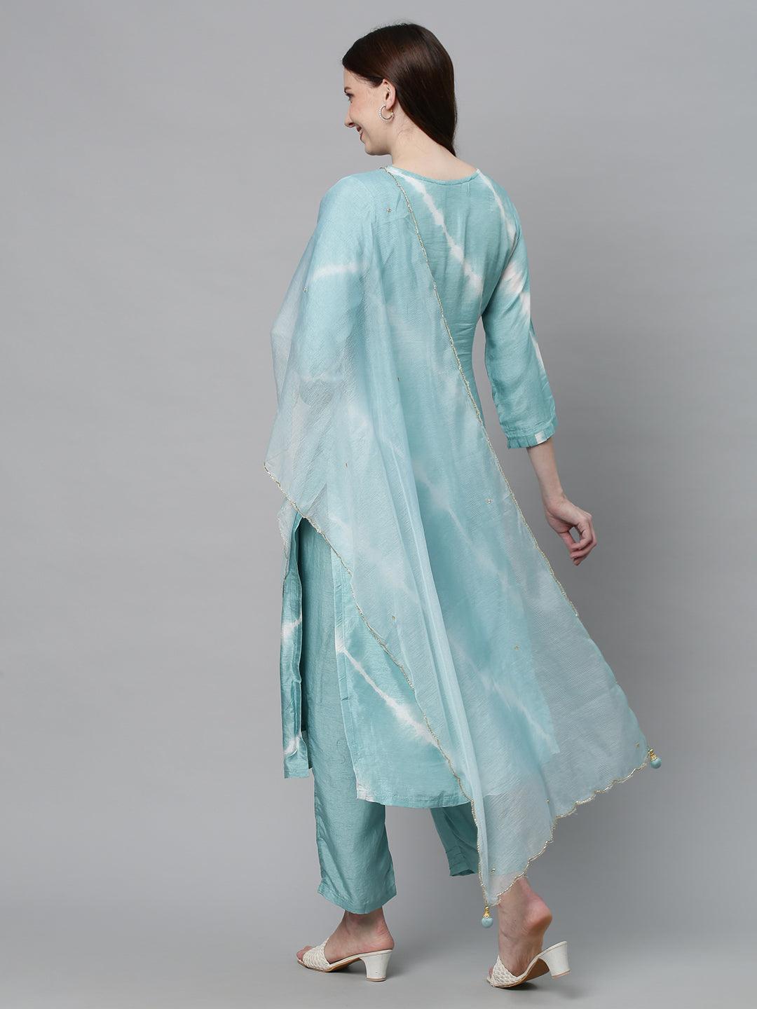 Tie-Dyed & Hand Embroidered Kurta with Pants & Dupatta - Powder Blue - Indiakreations