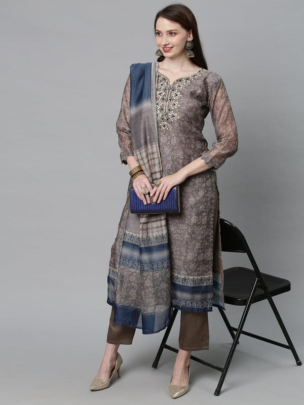 Ethnic Printed & Hand Embroidered Kurta with Pants & Dupatta - Mouse Gray - Indiakreations