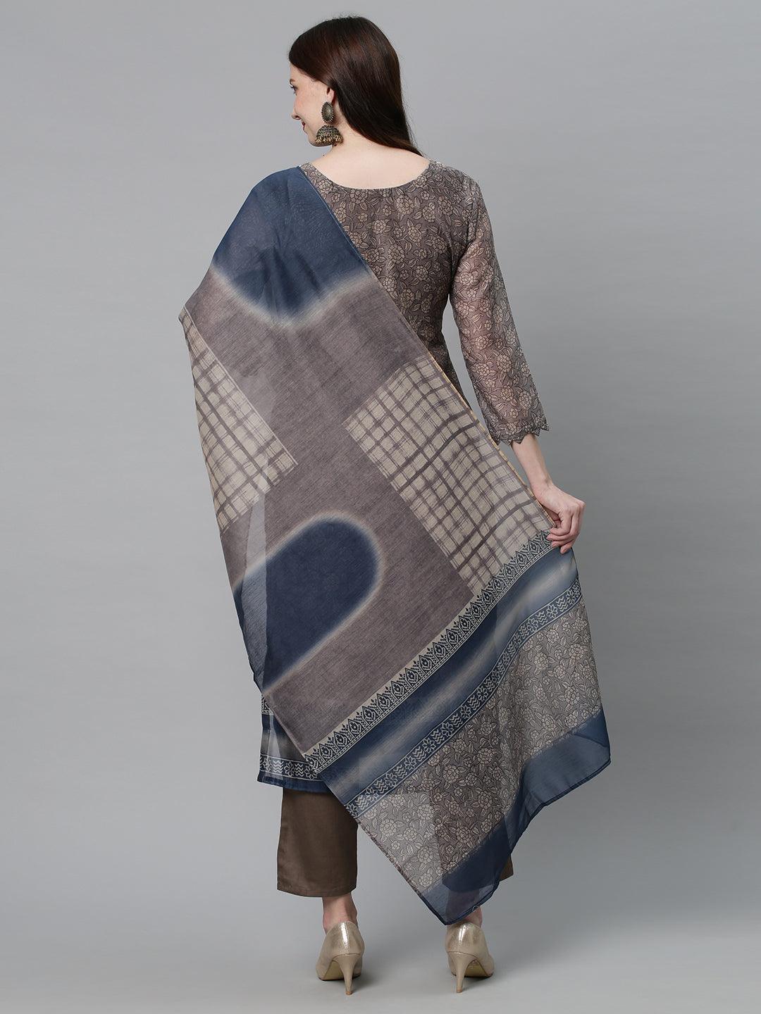 Ethnic Printed & Hand Embroidered Kurta with Pants & Dupatta - Mouse Gray - Indiakreations