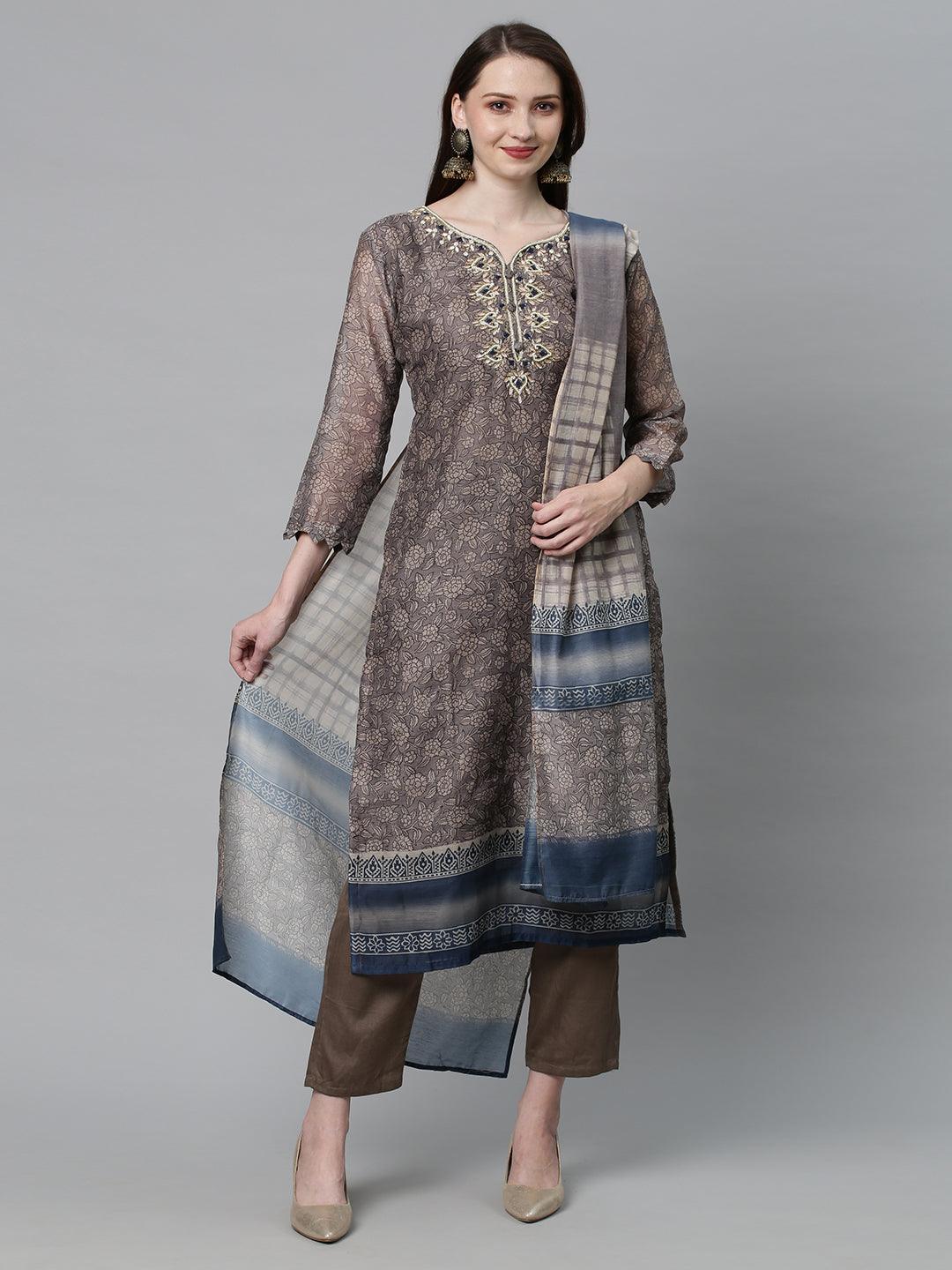 Ethnic Printed & Hand Embroidered Kurta with Pants & Dupatta - Mouse Gray - Indiakreations