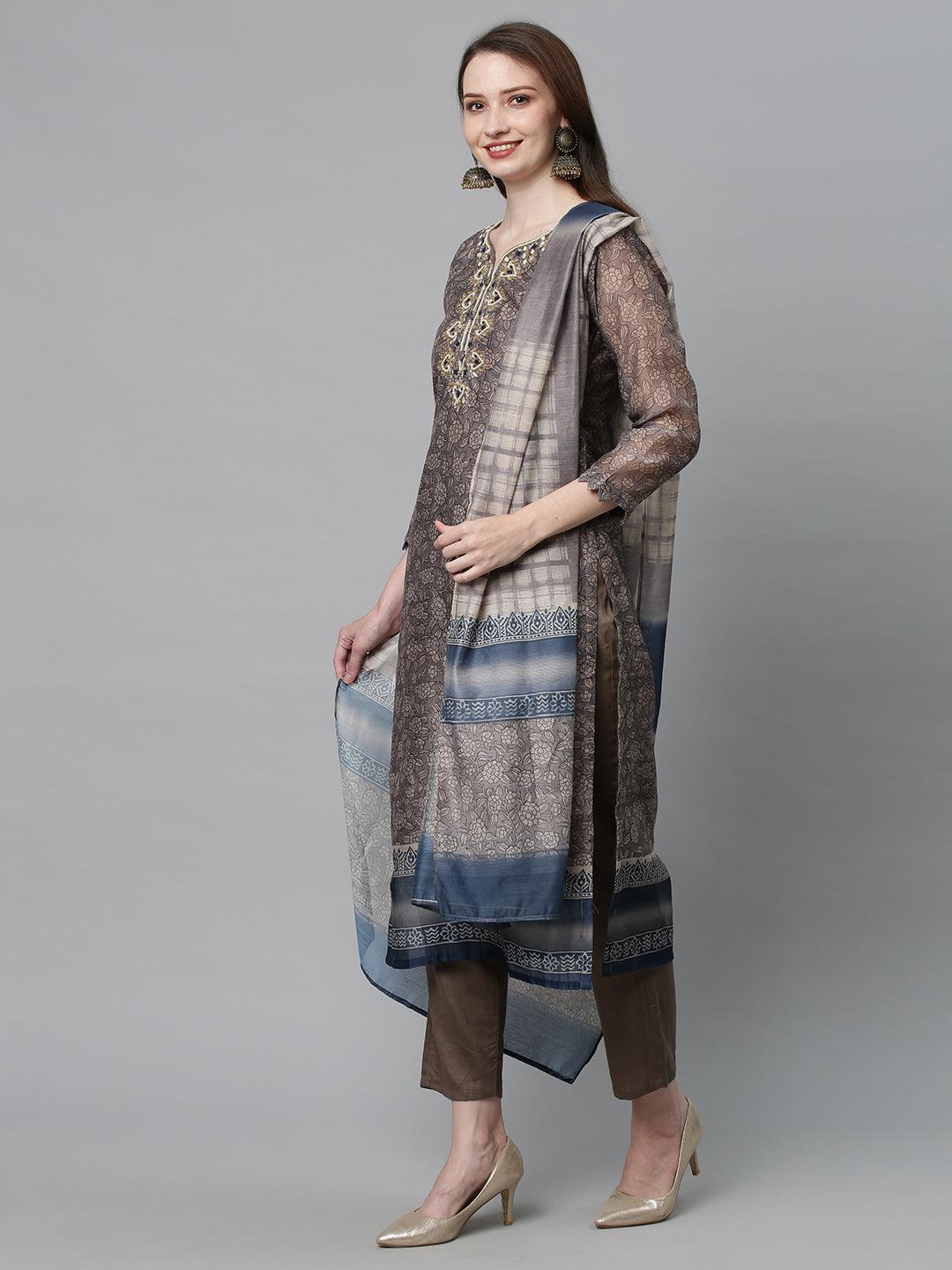 Ethnic Printed & Hand Embroidered Kurta with Pants & Dupatta - Mouse Gray - Indiakreations