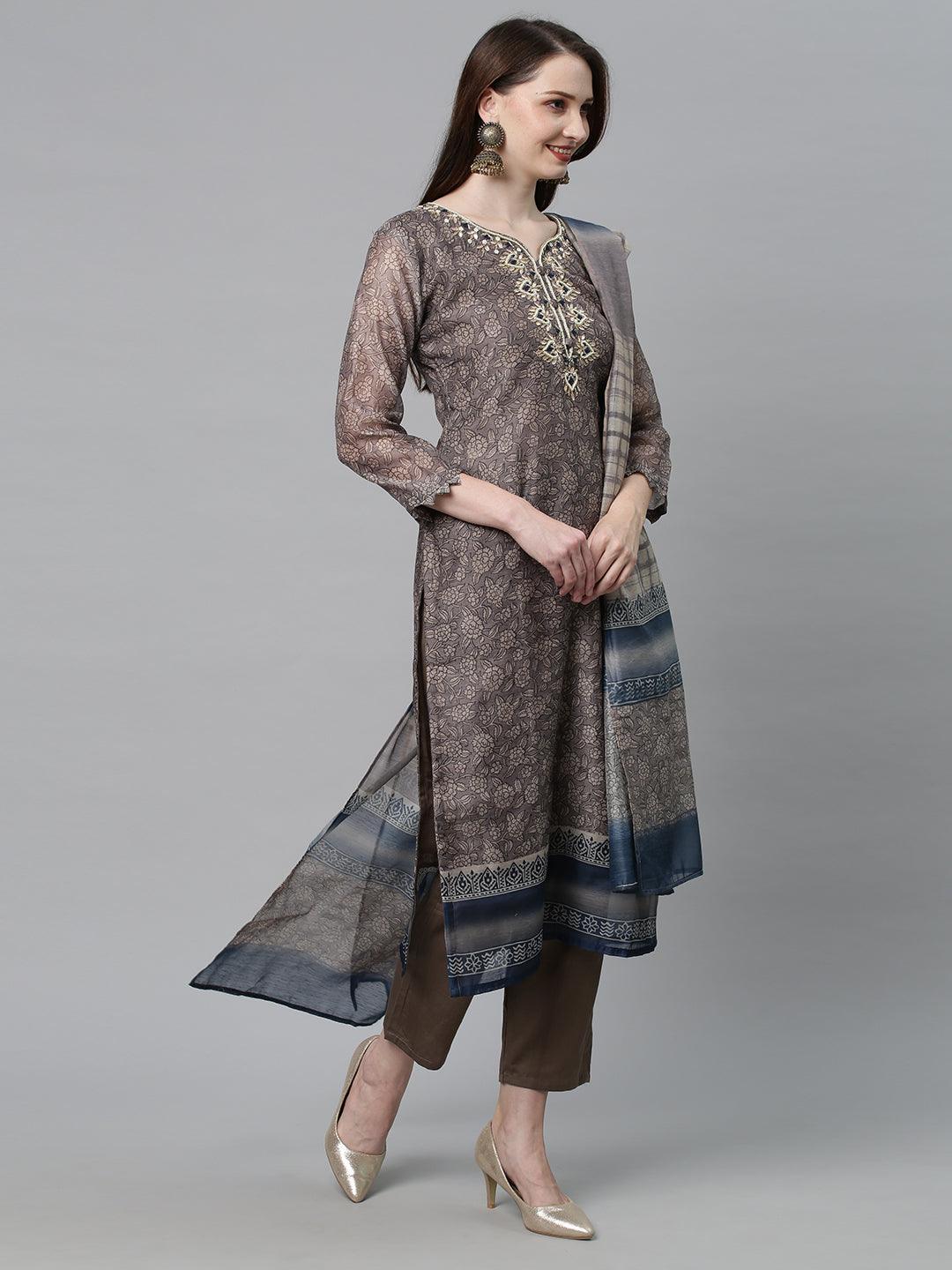 Ethnic Printed & Hand Embroidered Kurta with Pants & Dupatta - Mouse Gray - Indiakreations