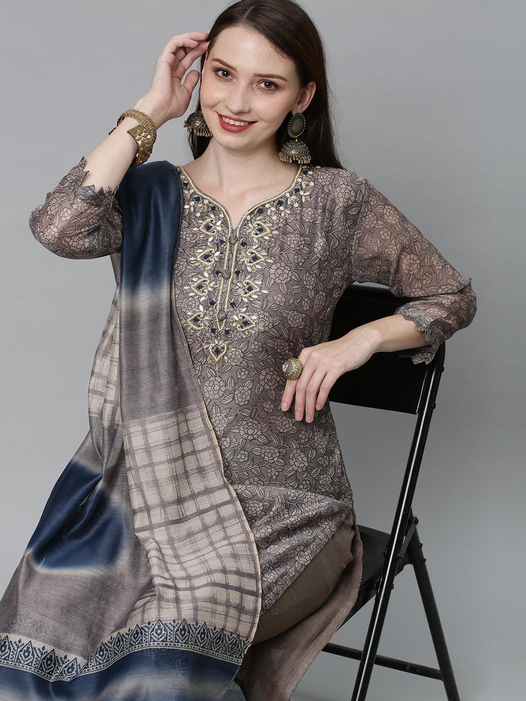 Ethnic Printed & Hand Embroidered Kurta with Pants & Dupatta - Mouse Gray - Indiakreations