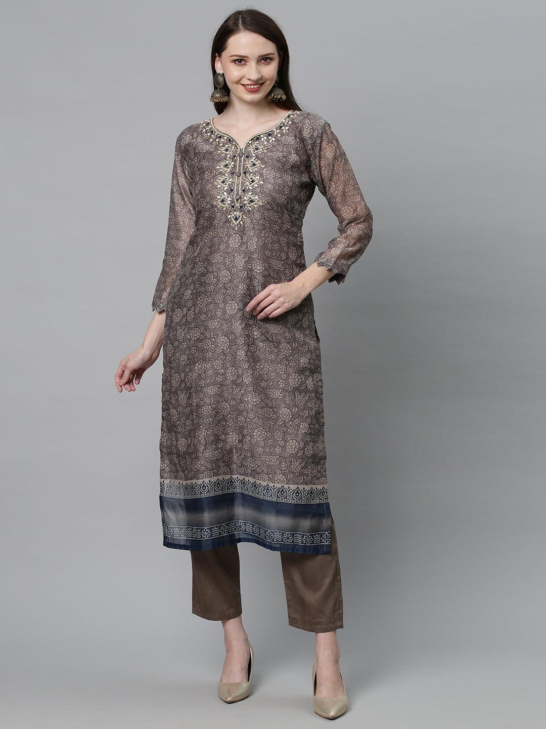 Ethnic Printed & Hand Embroidered Kurta with Pants & Dupatta - Mouse Gray - Indiakreations