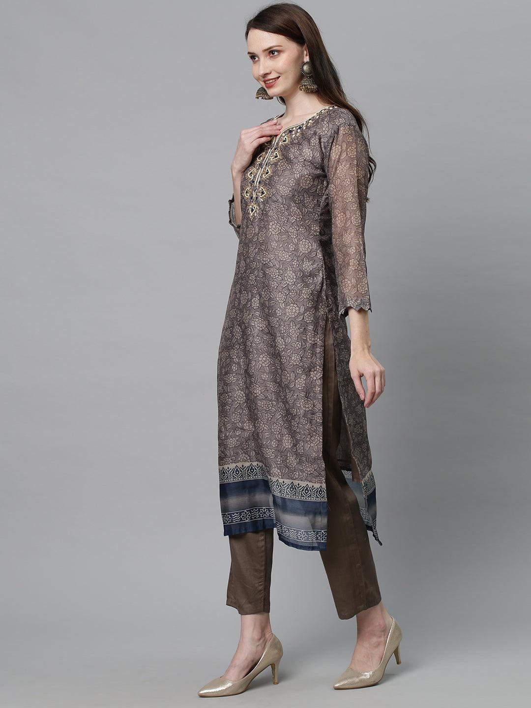 Ethnic Printed & Hand Embroidered Kurta with Pants & Dupatta - Mouse Gray - Indiakreations