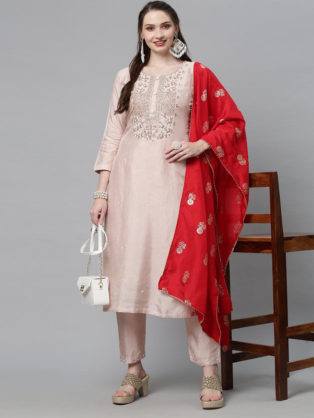 Ethnic Hand Embroidered Straight Kurta with Pants & Dupatta - Pastel Pink - Indiakreations