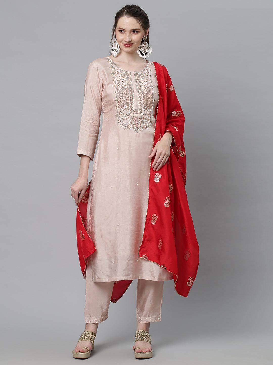 Ethnic Hand Embroidered Straight Kurta with Pants & Dupatta - Pastel Pink - Indiakreations