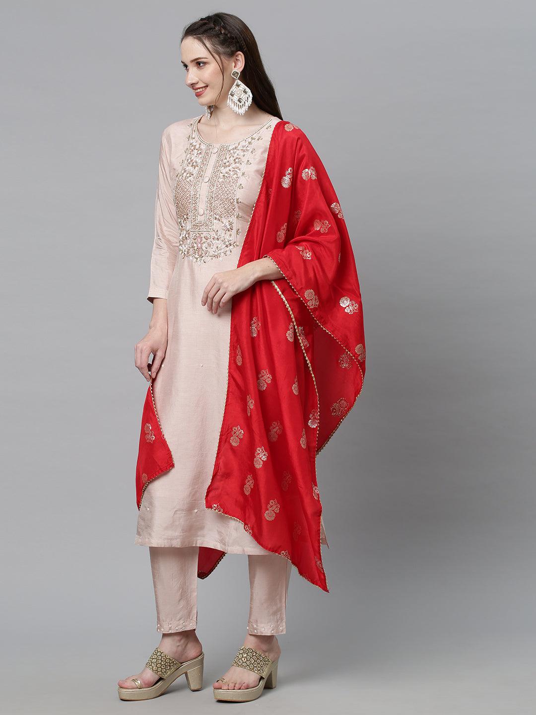 Ethnic Hand Embroidered Straight Kurta with Pants & Dupatta - Pastel Pink - Indiakreations