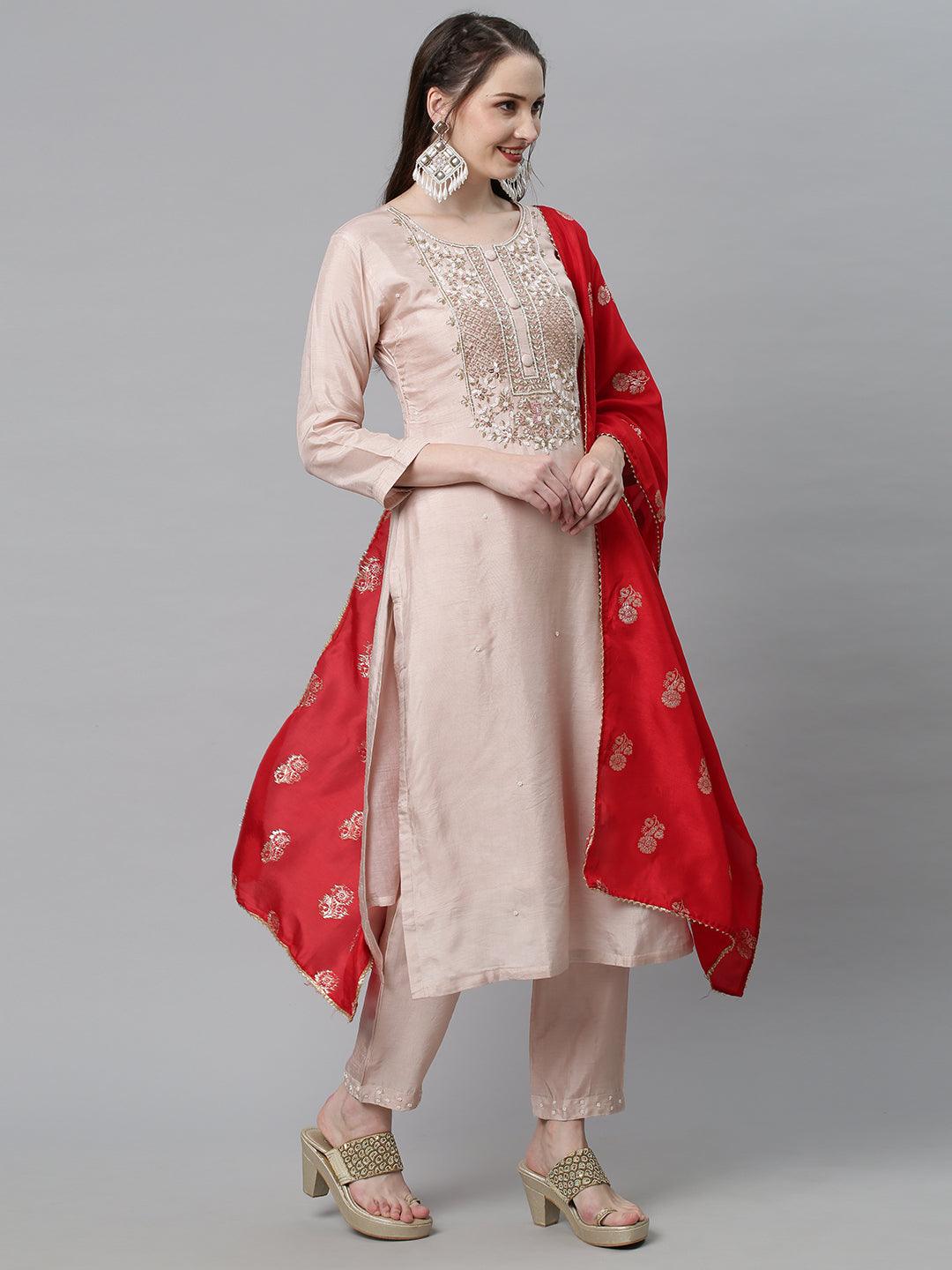 Ethnic Hand Embroidered Straight Kurta with Pants & Dupatta - Pastel Pink - Indiakreations