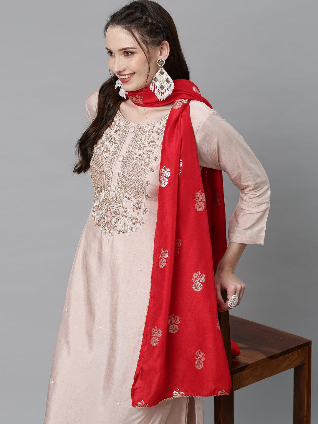 Ethnic Hand Embroidered Straight Kurta with Pants & Dupatta - Pastel Pink - Indiakreations