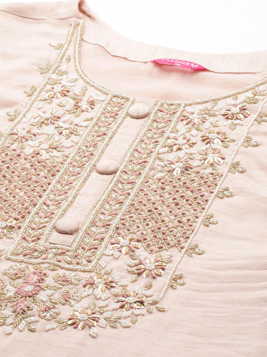 Ethnic Hand Embroidered Straight Kurta with Pants & Dupatta - Pastel Pink - Indiakreations