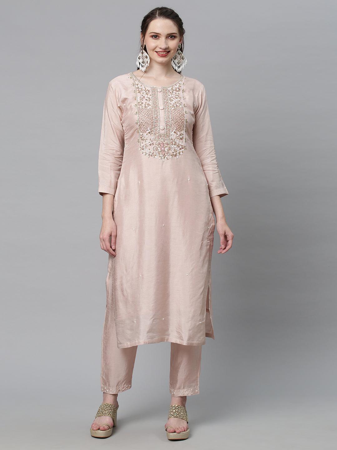 Ethnic Hand Embroidered Straight Kurta with Pants & Dupatta - Pastel Pink - Indiakreations